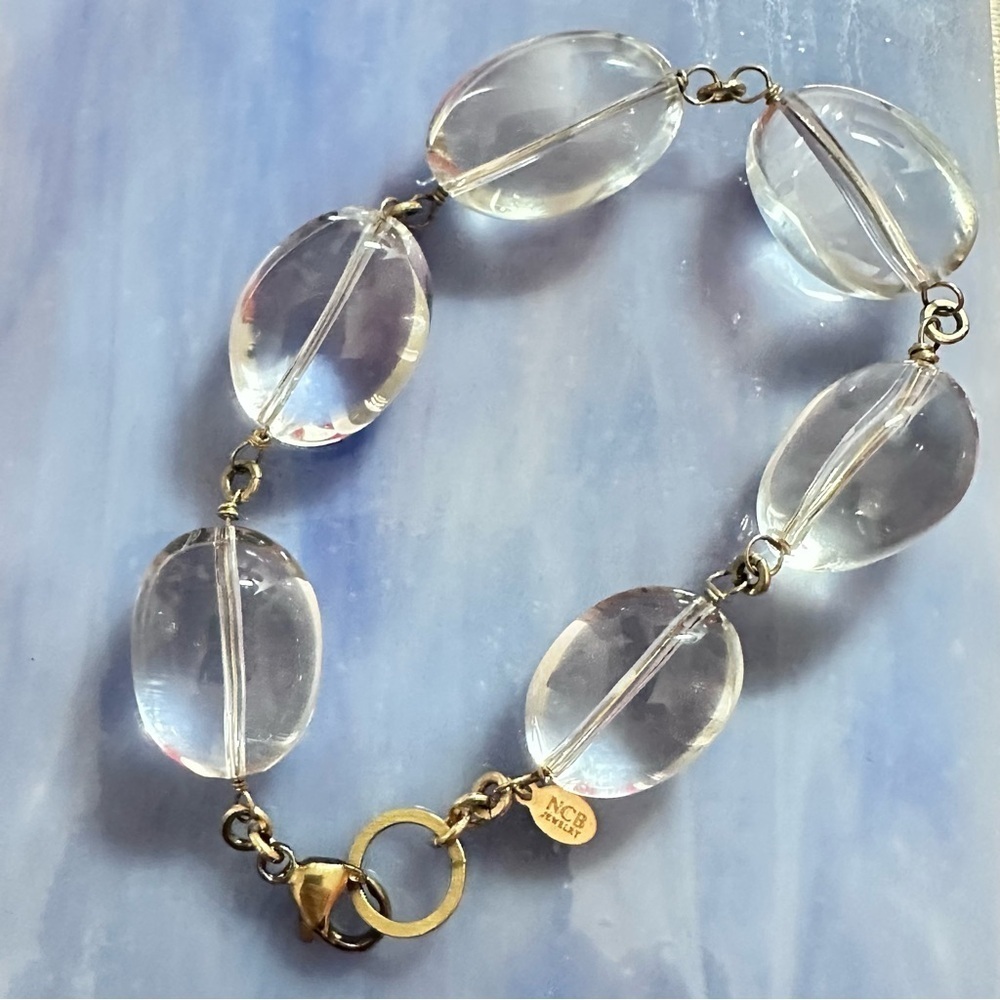 NCB Jewelry Clear Glass Oval Bead Bracelet – Gold-Tone Wire Link Minimalist 0833